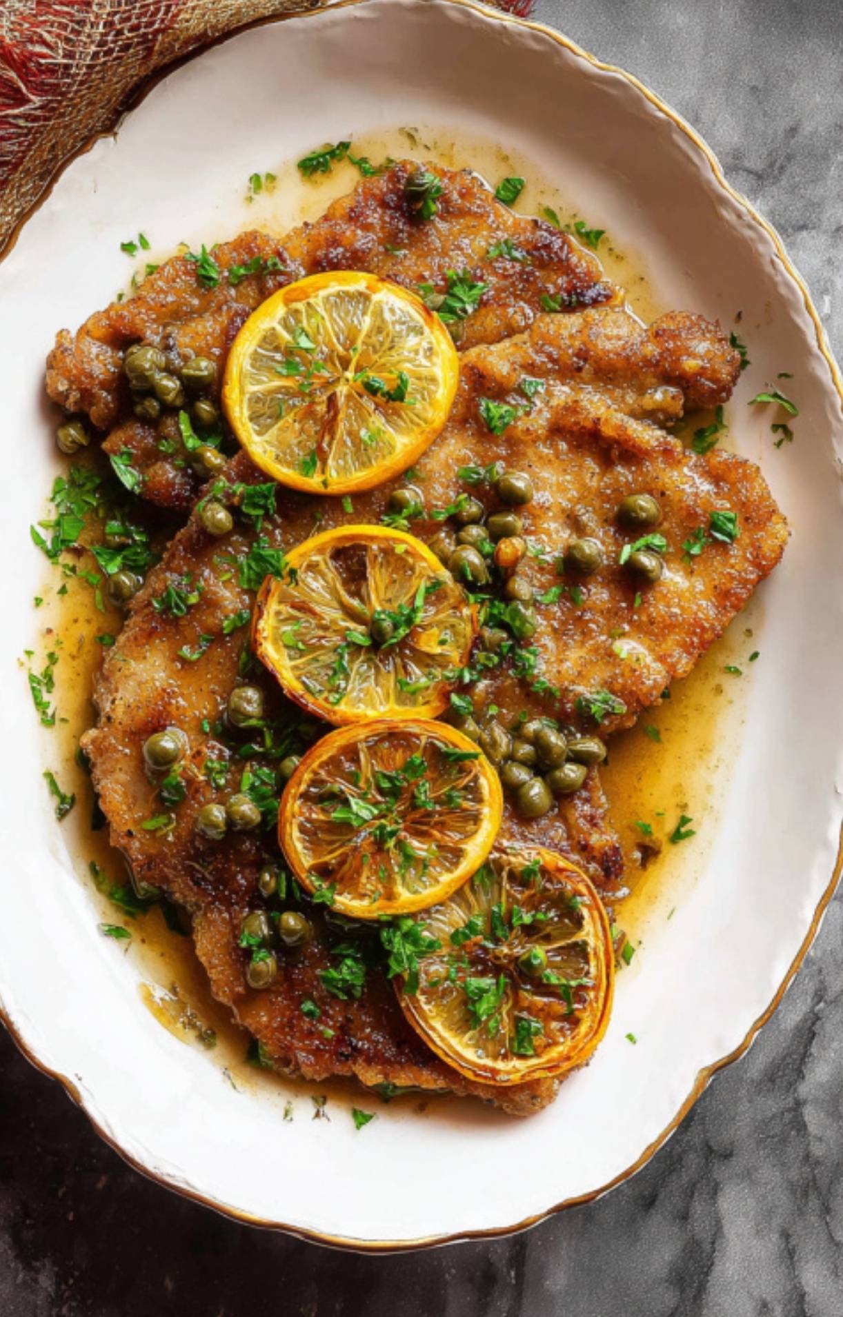 Golden veal scallopini served on a white platter with bright lemon slices, capers, and chopped parsley. Italian comfort food for family dinners.