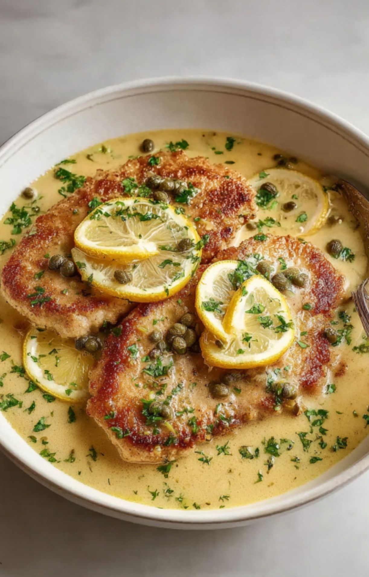A close-up of tender veal scallopini in a creamy yellow sauce topped with capers, parsley, and lemon.