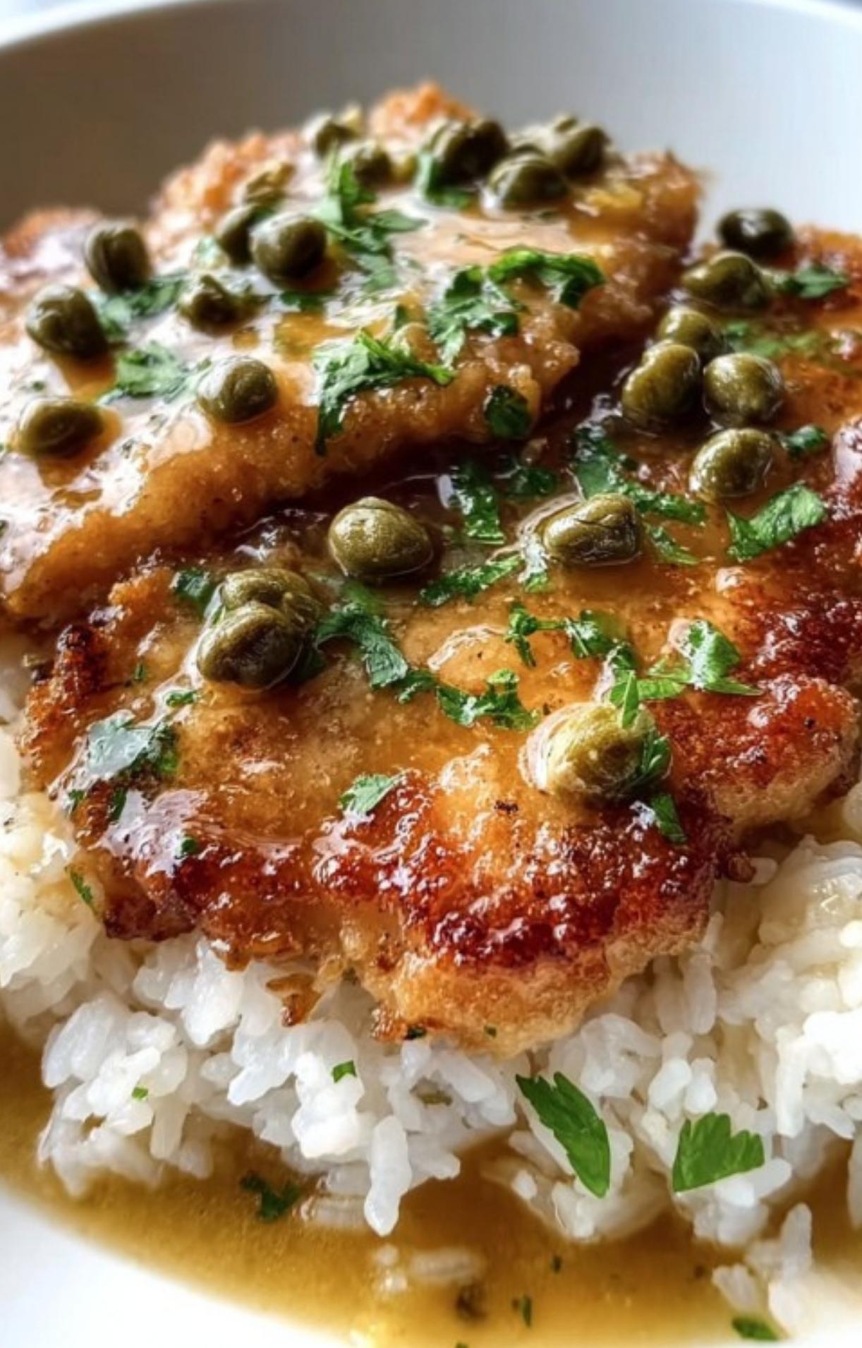 Crispy veal scallopini on white rice with capers and parsley, served in a bowl.