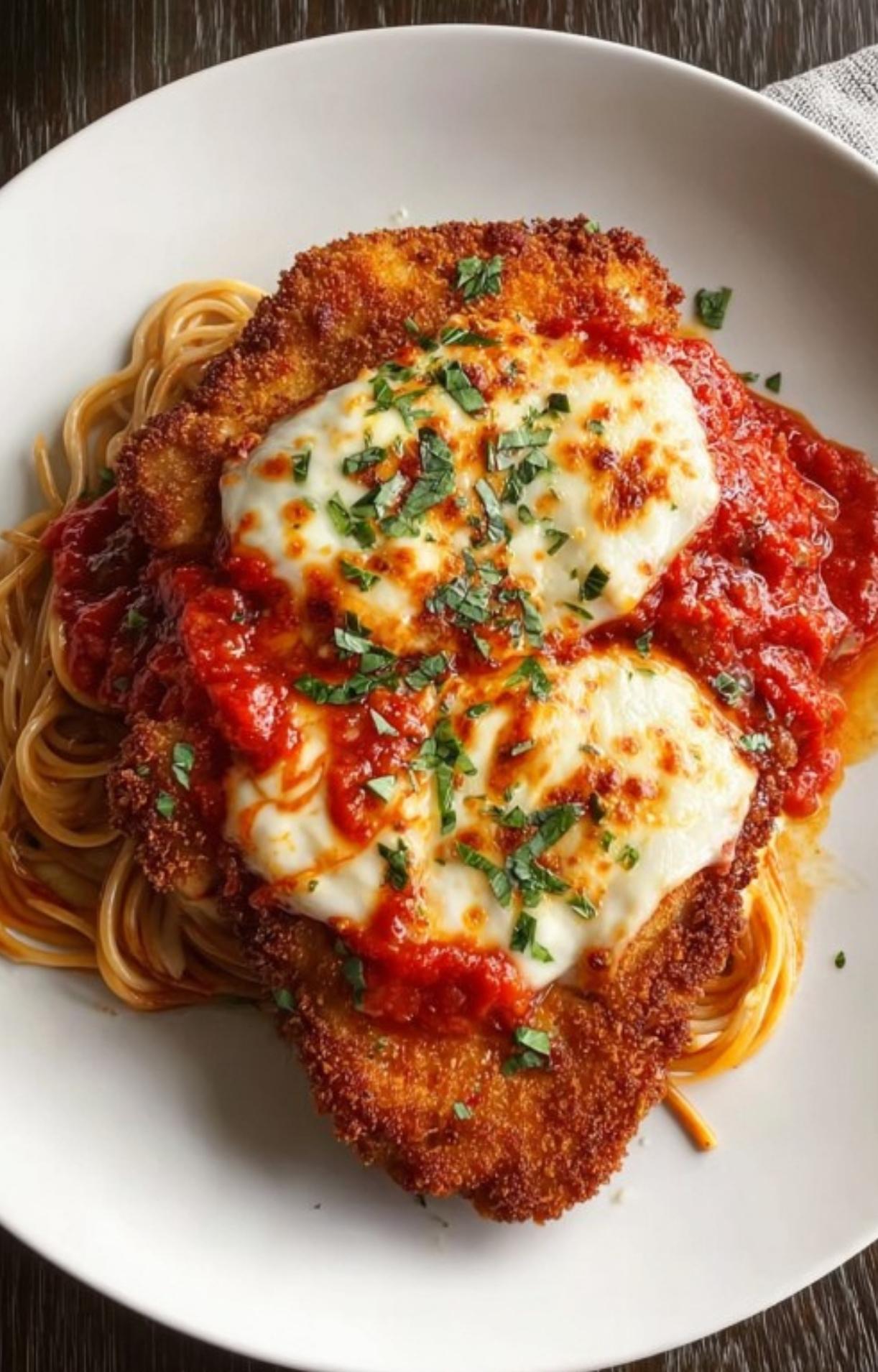 Baked veal Parmesan with bubbly cheese and fresh herbs over spaghetti, classic Italian-American comfort meal