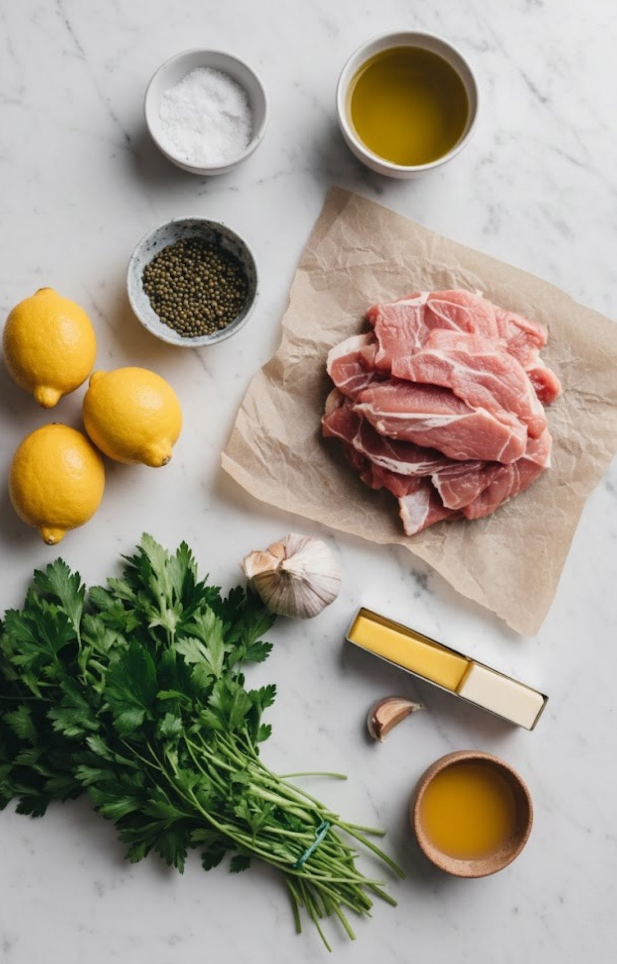 Flat lay of raw veal cutlets, fresh lemons, parsley, garlic, olive oil, butter, capers, and seasoning on a marble surface, ready for classic veal piccata in white wine sauce. Perfect for Italian recipes and easy dinner ideas.