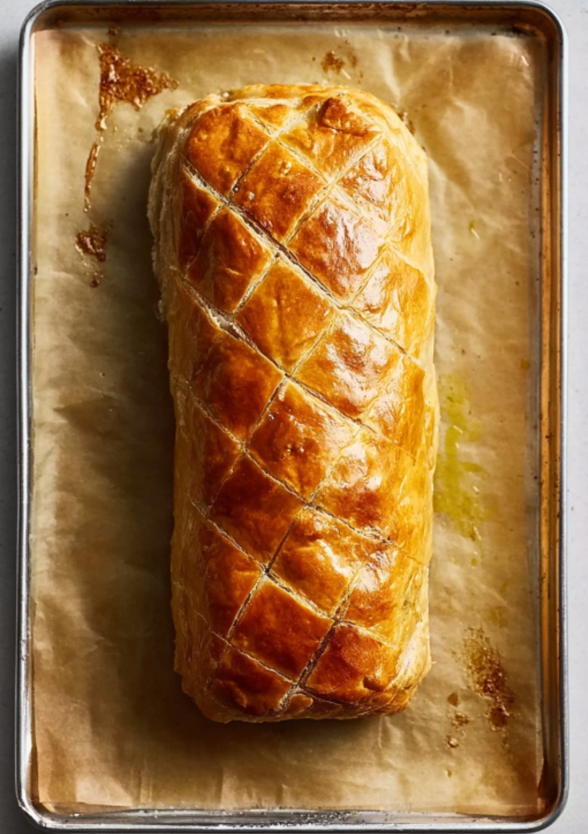 Whole baked beef Wellington puff pastry resting on a tray, with golden, crisp layers, ideal for holiday feasts and family celebrations.