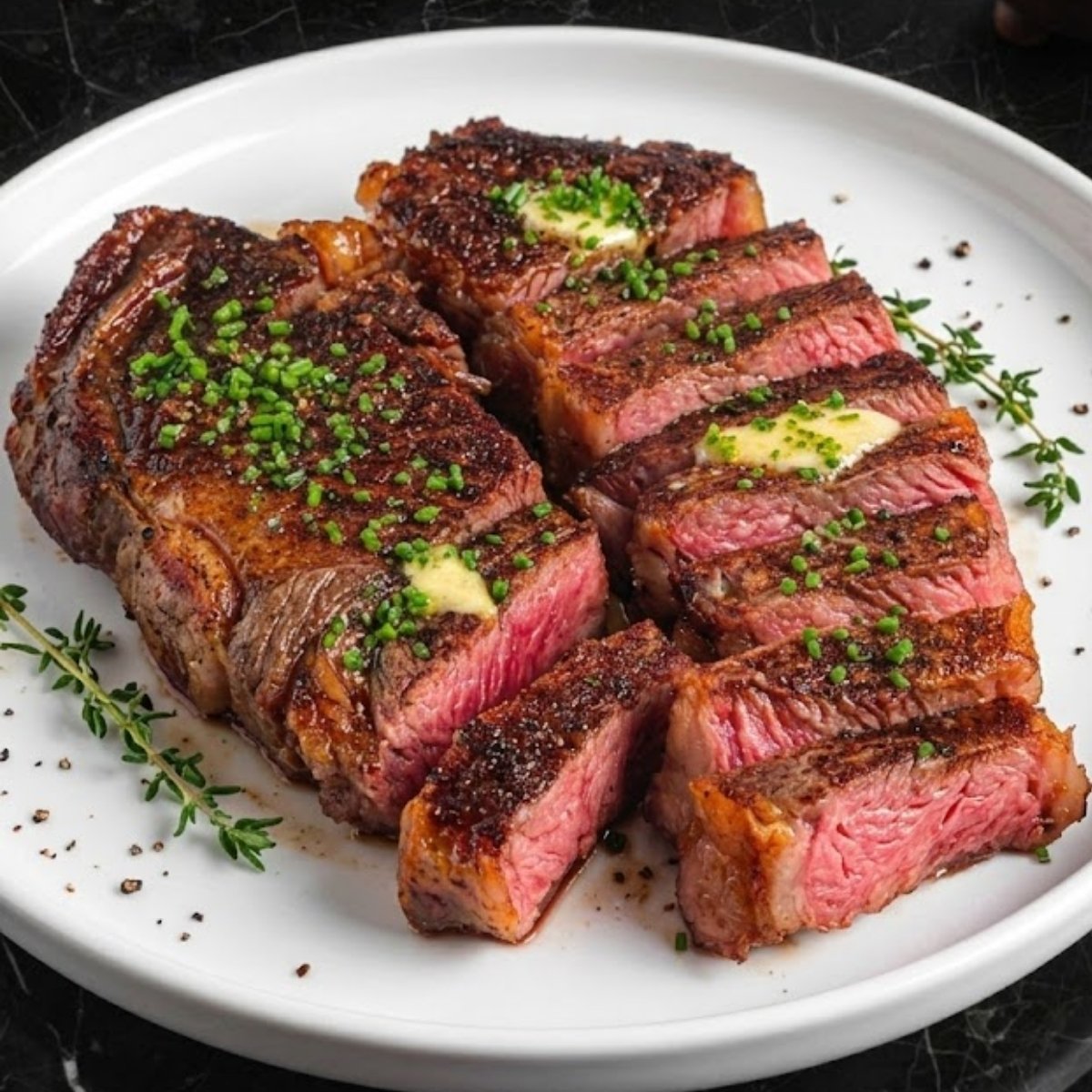 A perfectly sliced, medium-rare rib eye steak topped with melting herb butter and fresh chives on a white plate.