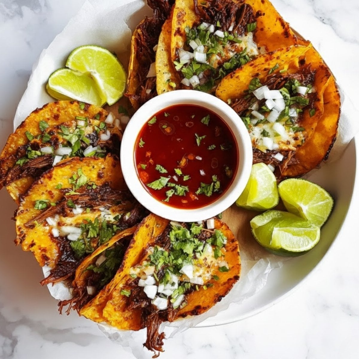 A top-down view of a circular plate filled with cheesy birria tacos featuring shredded beef, onions, and cilantro surrounding a central bowl of red birria dipping sauce.