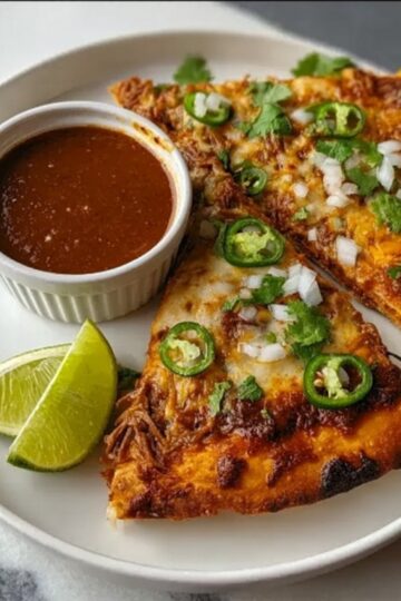 Two thick slices of Birria Taco Pizza served on a white plate with a side of rich dipping consommé and fresh lime wedges.