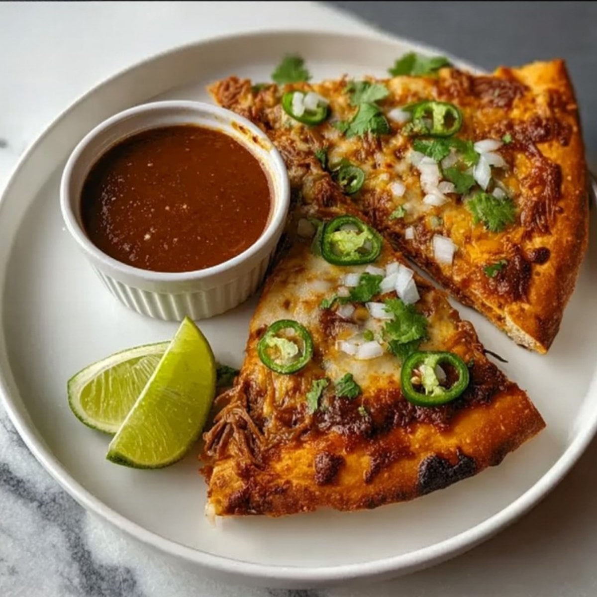Two thick slices of Birria Taco Pizza served on a white plate with a side of rich dipping consommé and fresh lime wedges.