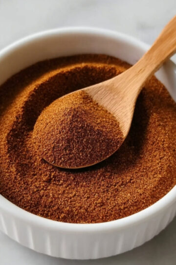 A close-up shot of a wooden spoon lifting a portion of homemade Birria Taco Seasoning from a white bowl, highlighting the rich color and earthy texture.