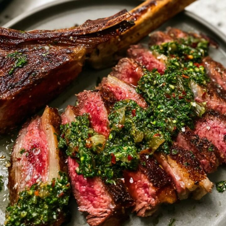 A beautifully plated bone-in rib eye steak, sliced to show the pink center and drizzled with a rich chimichurri sauce.