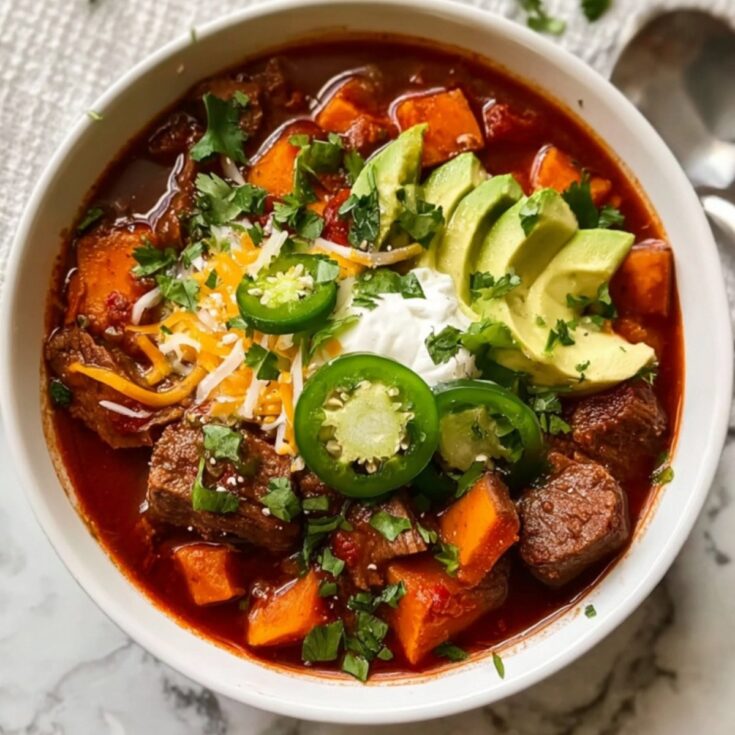 A top-down view of a white bowl filled with thick beef chili, garnished with sliced avocado, jalape&ntilde;os, shredded cheese, and a dollop of sour cream.