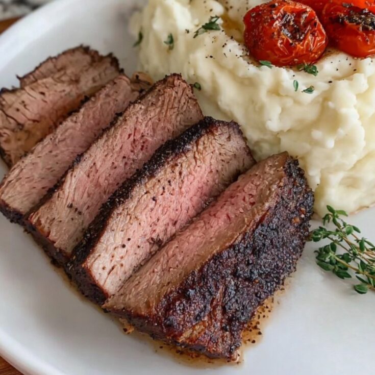 Thick slices of smoked chuck roast served with mashed potatoes and roasted cherry tomatoes.