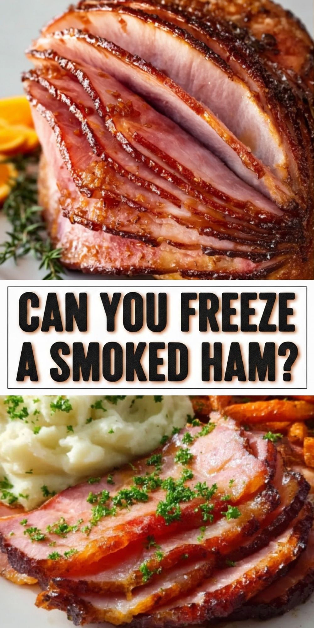 A vertical Pinterest graphic asking "Can You Freeze a Smoked Ham?" featuring a whole glazed ham and a plated ham dinner.