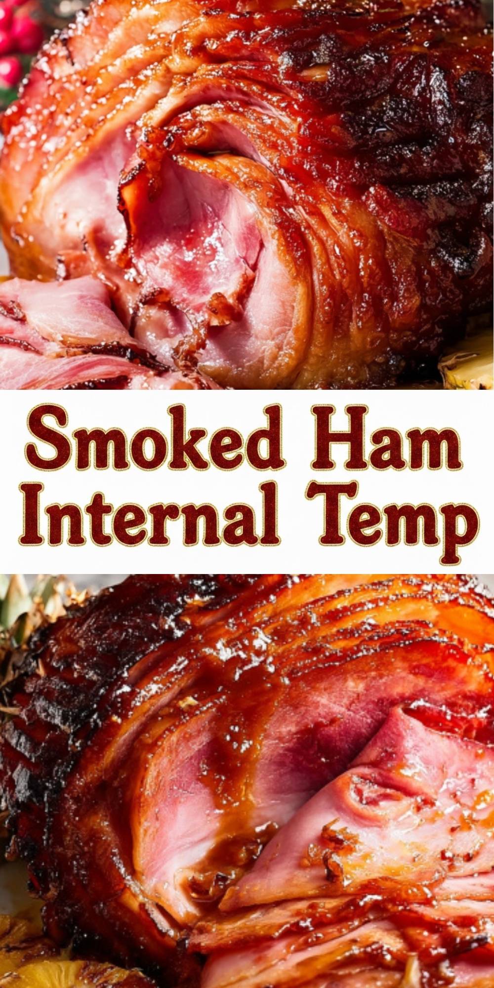 Sliced smoked ham with caramelized glaze, showing juicy texture and perfect internal temperature for holiday dinners