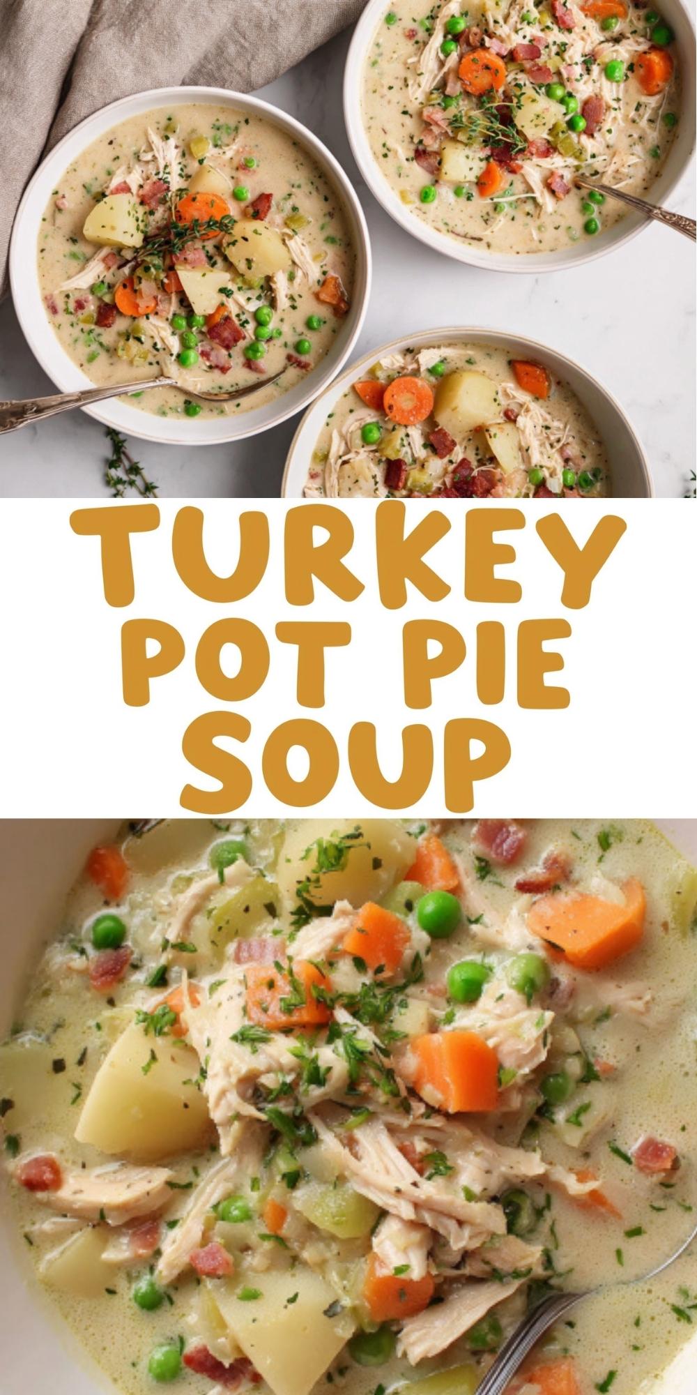 A vertical Pinterest graphic featuring the text "Turkey Pot Pie Soup" in gold lettering, positioned between a top photo of three bowls of creamy soup and a bottom close-up shot showing shredded turkey, potatoes, carrots, peas, and bacon bits in a rich broth.