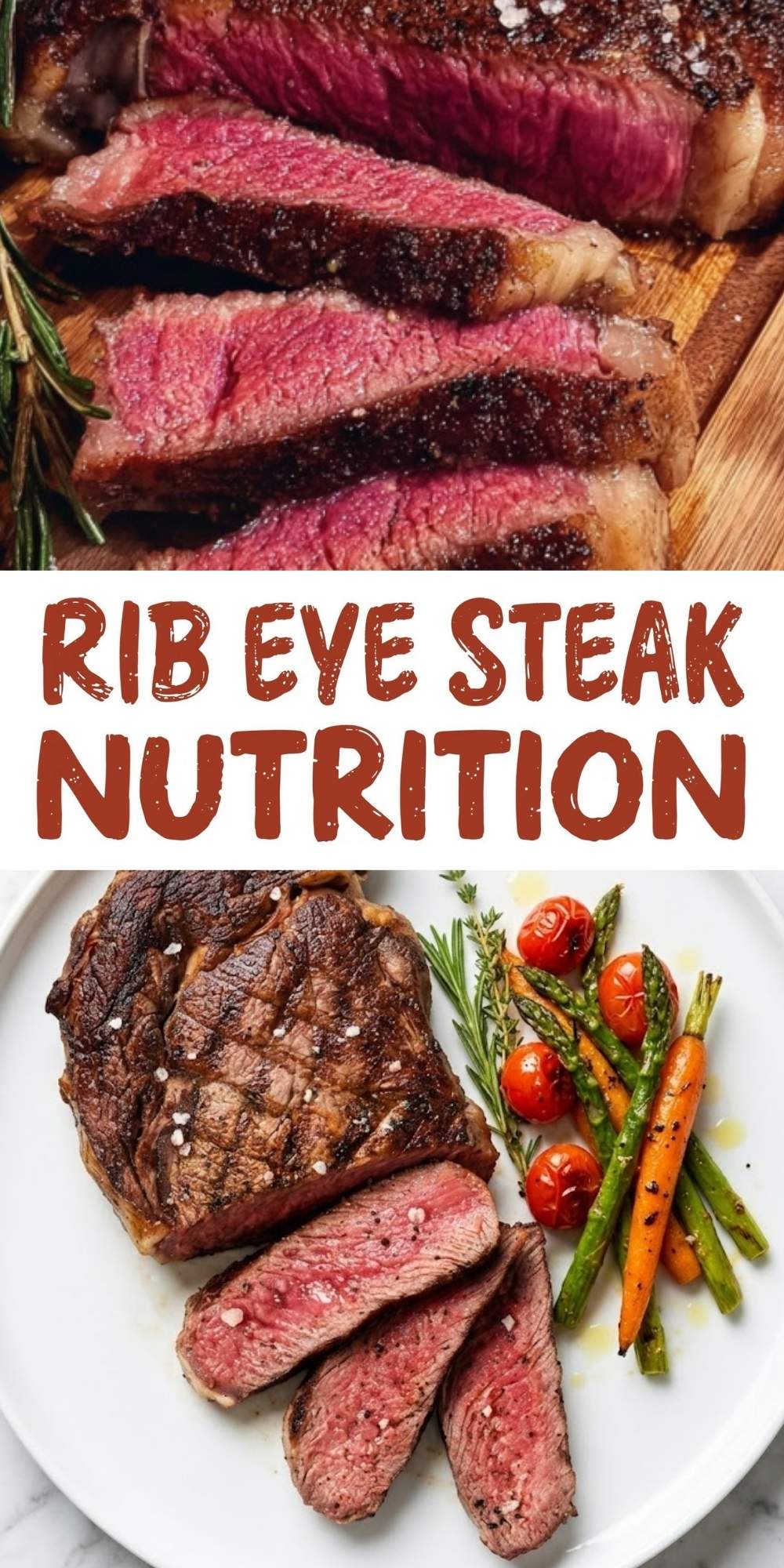 A Pinterest-style graphic featuring the text "Rib Eye Steak Nutrition" between two images of sliced steak and roasted vegetables, ideal for health and fitness tips.