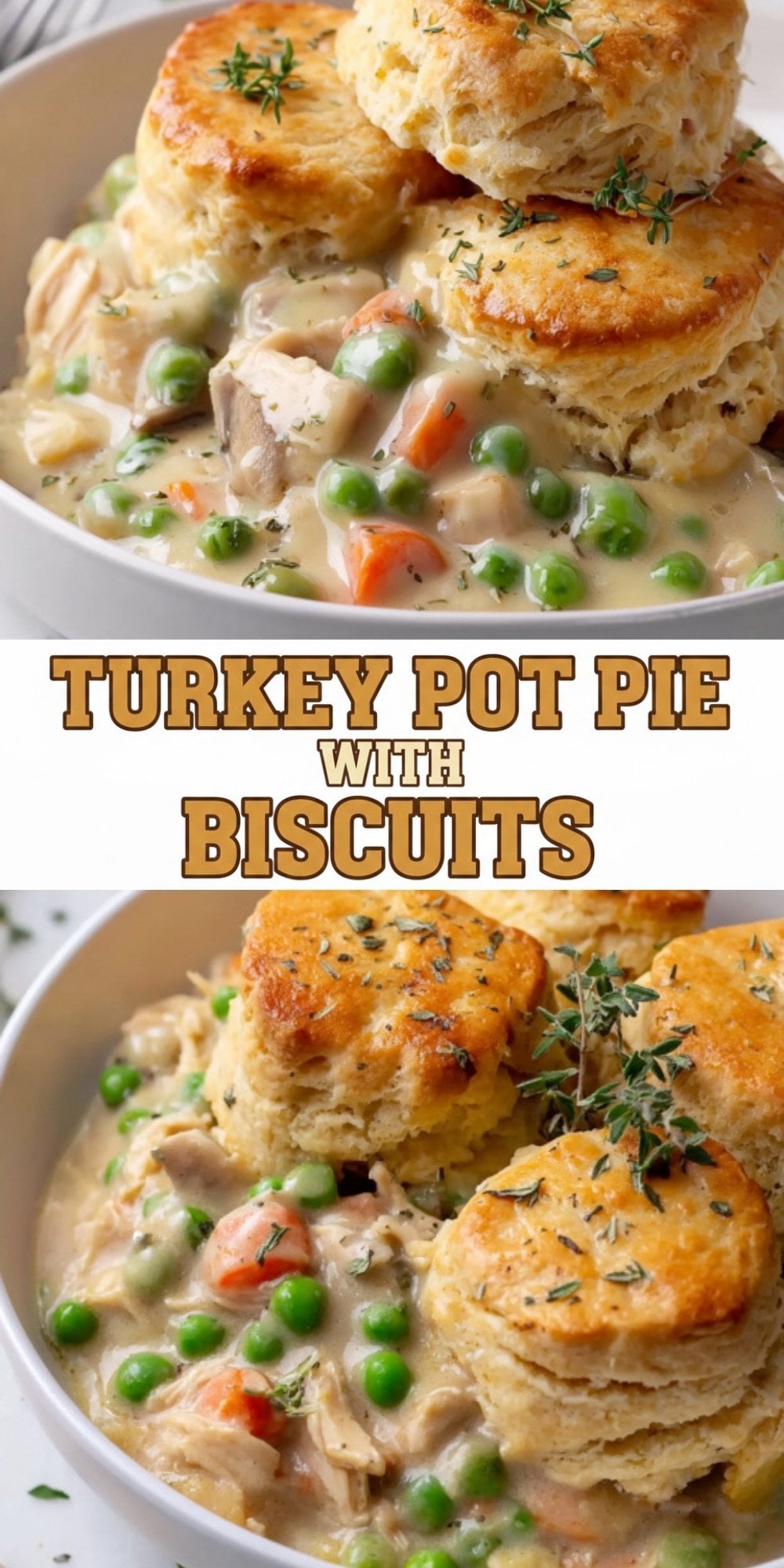 A high-angle shot of a white bowl containing a hearty portion of turkey pot pie with three large, flaky biscuits piled on top against a bright background.