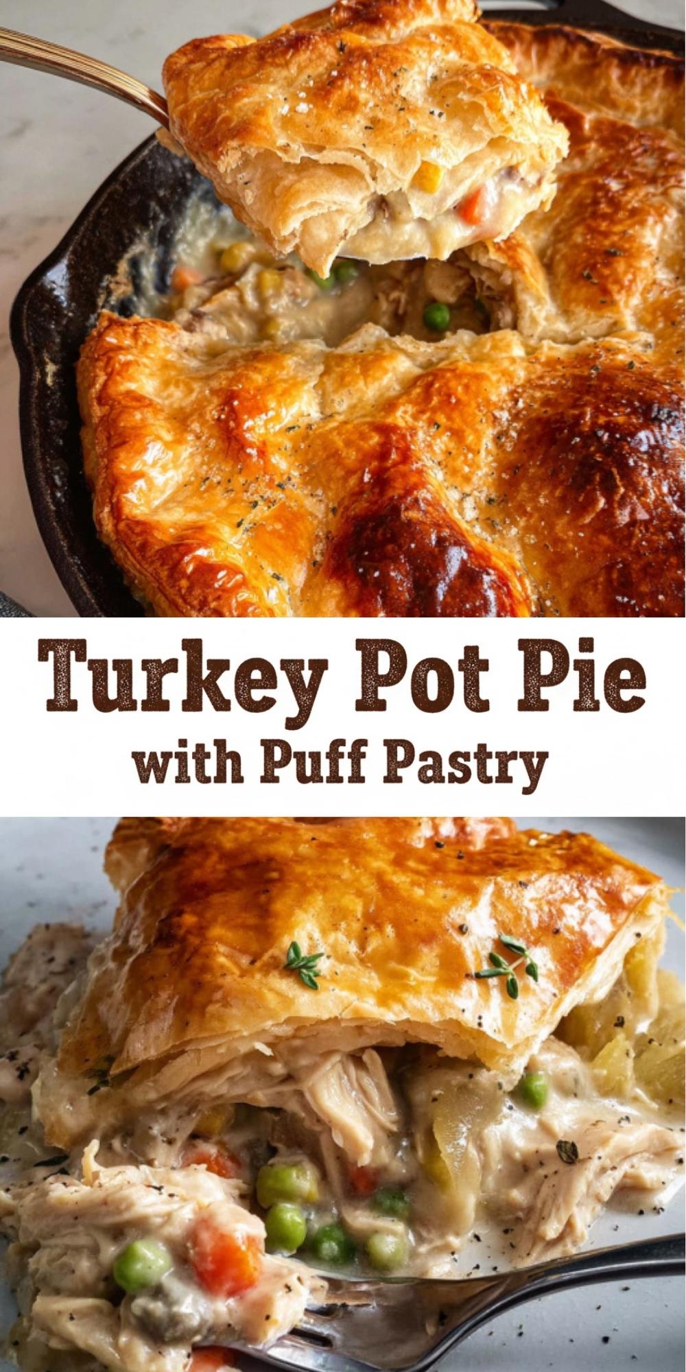 A vertical collage featuring a golden-brown Turkey Pot Pie with Puff Pastry being served from a skillet and a close-up of a plated slice with rich gravy.