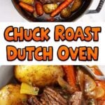 A vertical collage featuring a whole pot roast in a Dutch oven on top and a close-up of served shredded beef and vegetables on the bottom, with the text "Chuck Roast Dutch Oven".