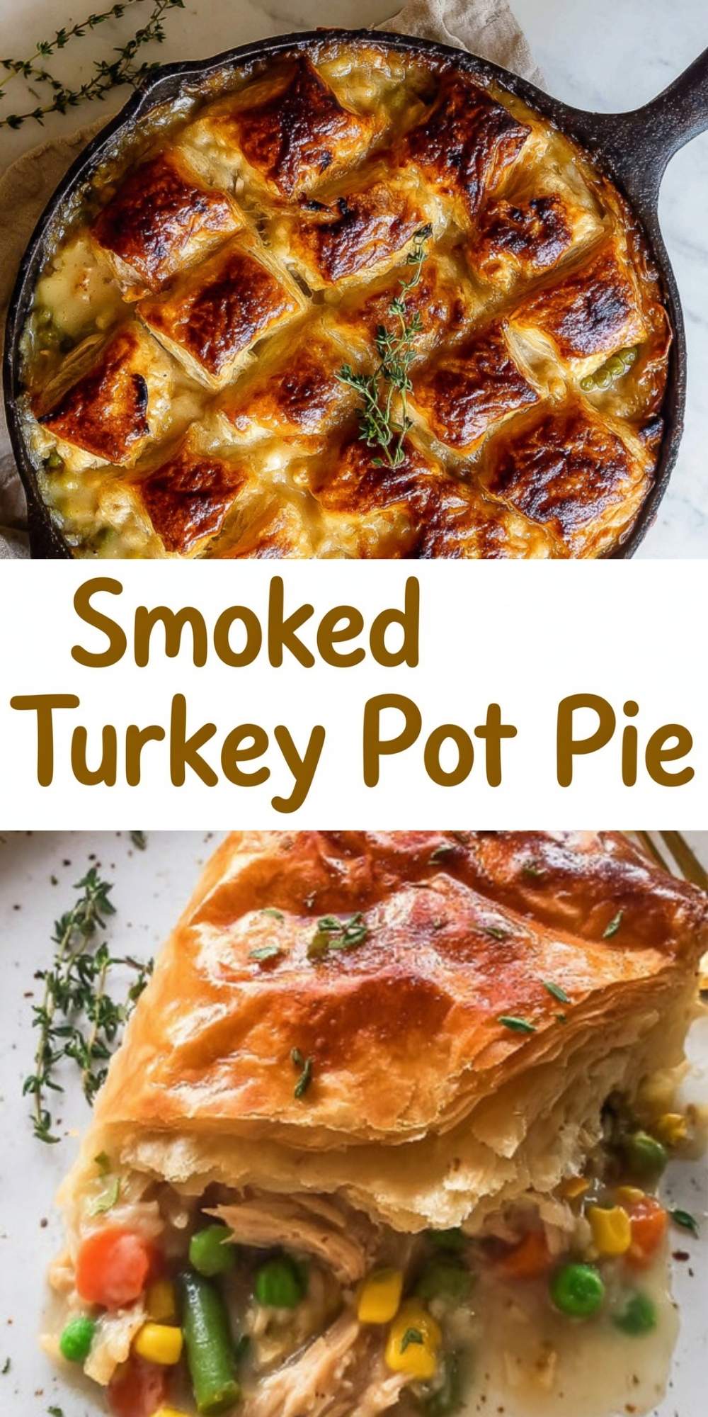 A vertical Pinterest pin featuring two images of a Smoked Turkey Pot Pie: the top shows a golden-brown puff pastry crust in a cast-iron skillet, and the bottom shows a close-up slice revealing a creamy filling with shredded turkey, peas, carrots, and corn.