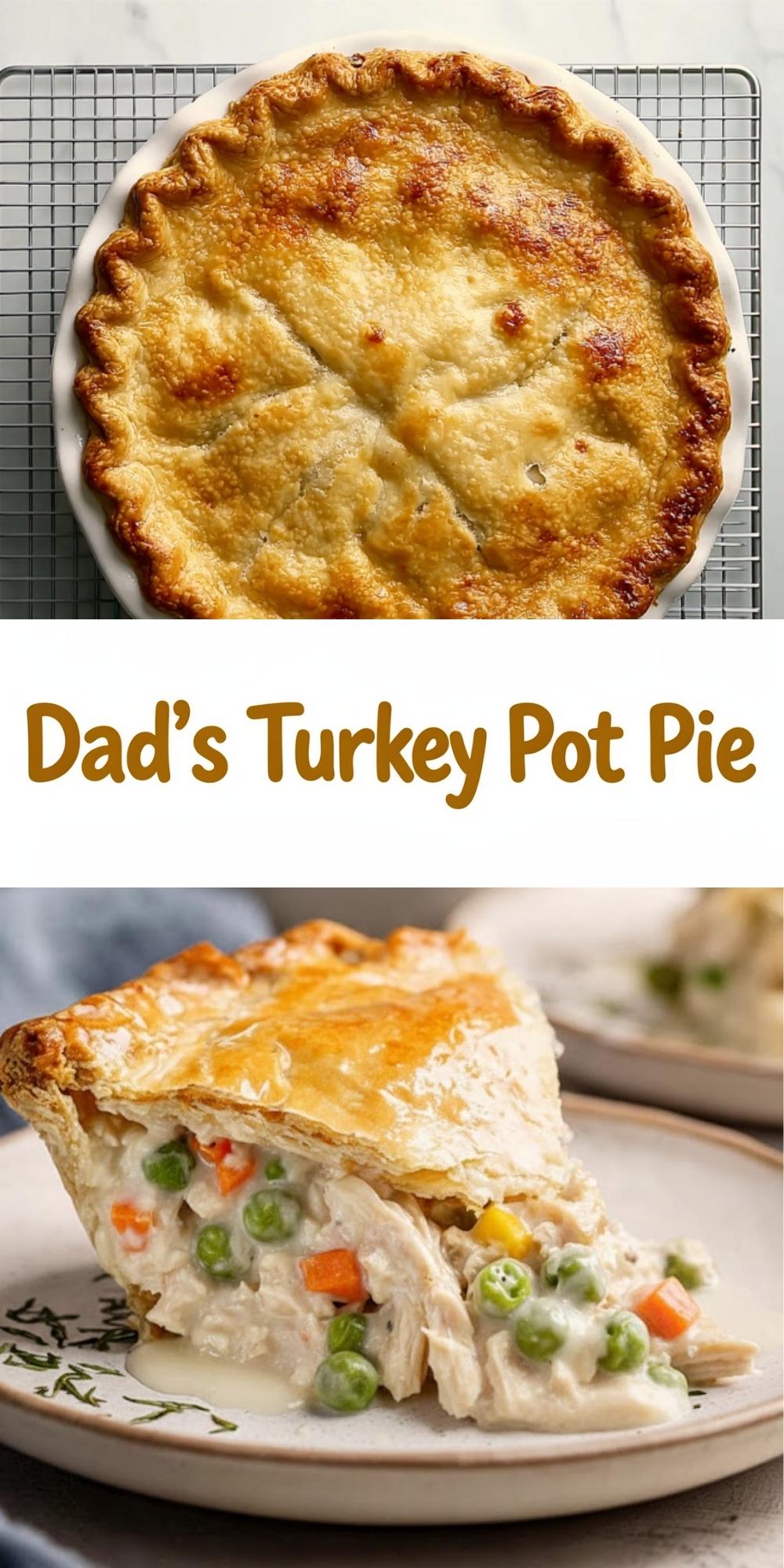 A delicious, steaming slice of Dad&rsquo;s Turkey Pot Pie showing a flaky golden crust and a creamy filling of turkey, peas, and carrots.