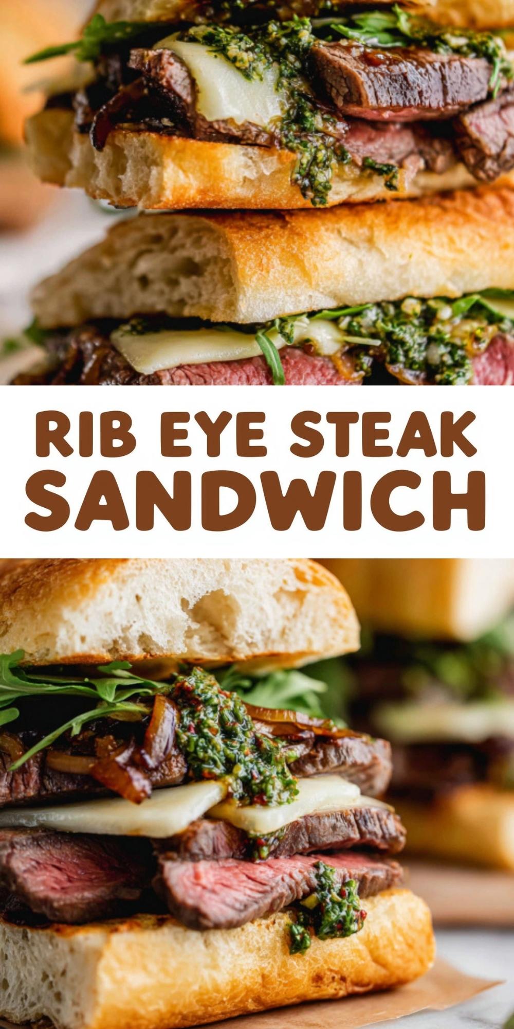 A vertical Pinterest pin featuring a stack of Rib Eye Steak Sandwiches on ciabatta bread with melted cheese, caramelized onions, arugula, and vibrant green chimichurri sauce.