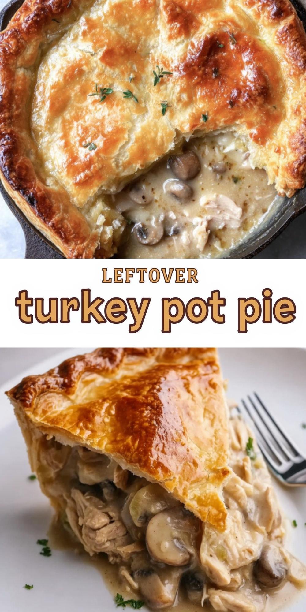 A vertical recipe graphic for leftover turkey pot pie featuring a top view of a golden-brown skillet pie with a missing slice and a bottom view of a thick, creamy slice showing mushrooms and shredded turkey.