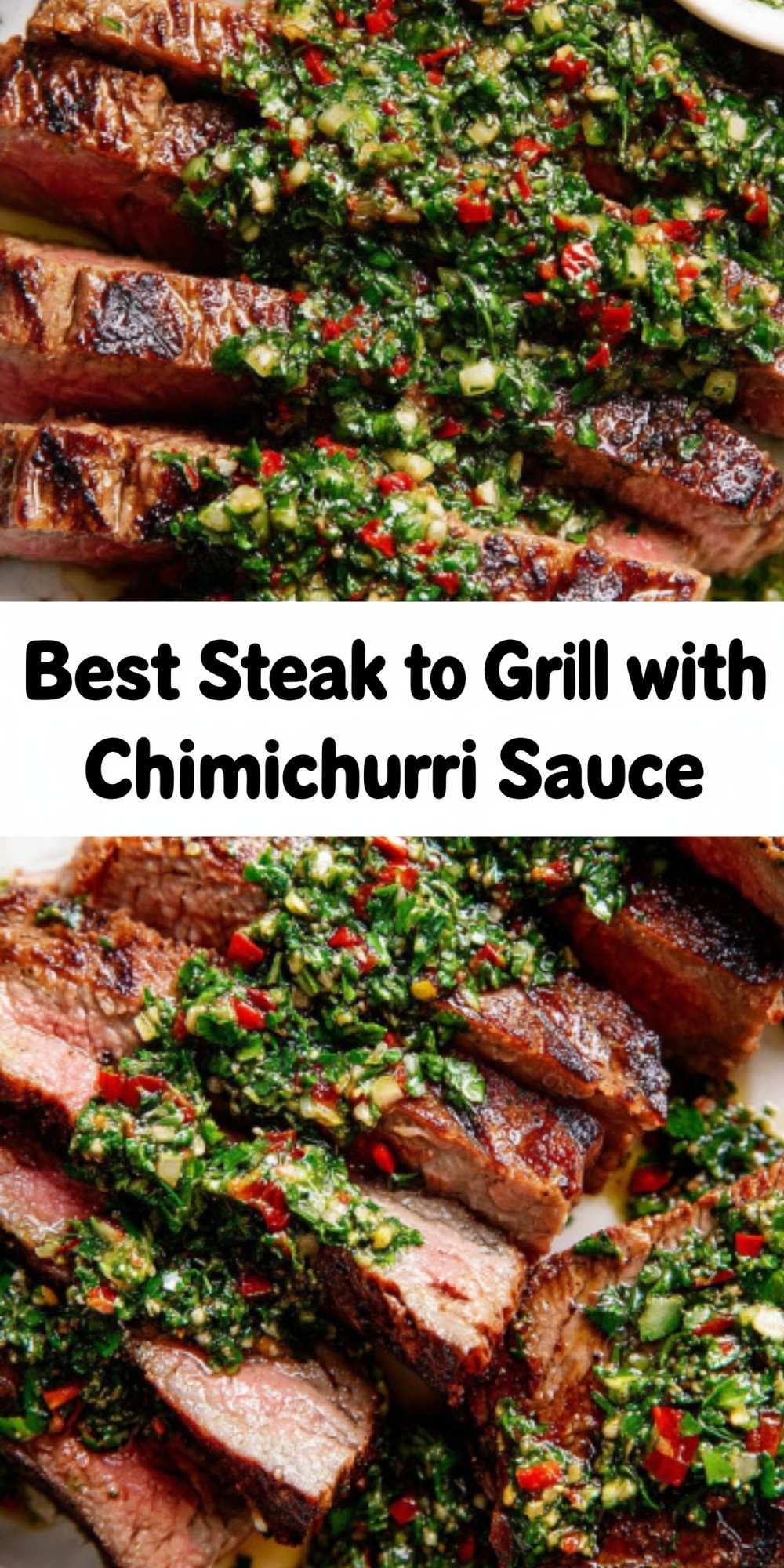 Juicy grilled steak slices topped with chunky chimichurri sauce and served with extra sauce on the side. Perfect for summer BBQ, high protein dinners, and steak lovers.