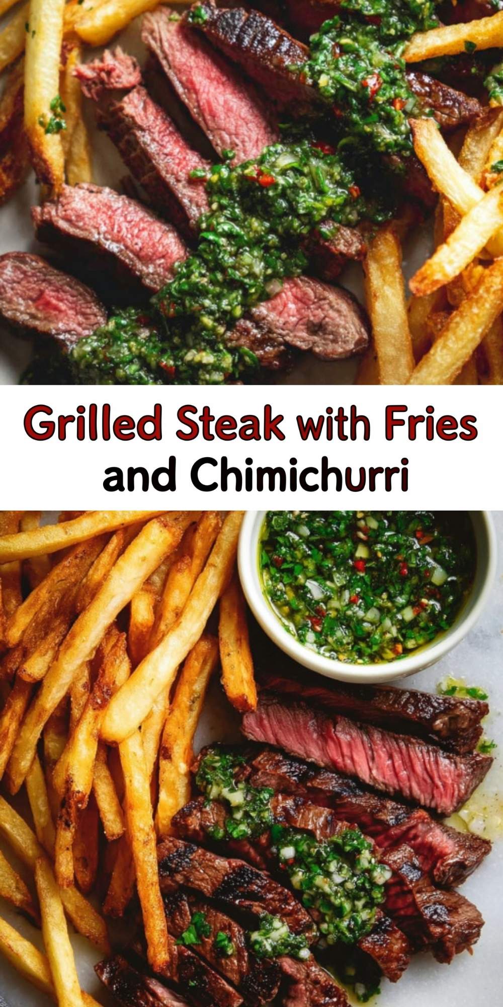 Sliced grilled steak served with golden fries and topped with a bright green chimichurri sauce, with extra chimichurri in a small bowl for dipping. Perfect steak and fries dinner with a fresh, herby sauce.