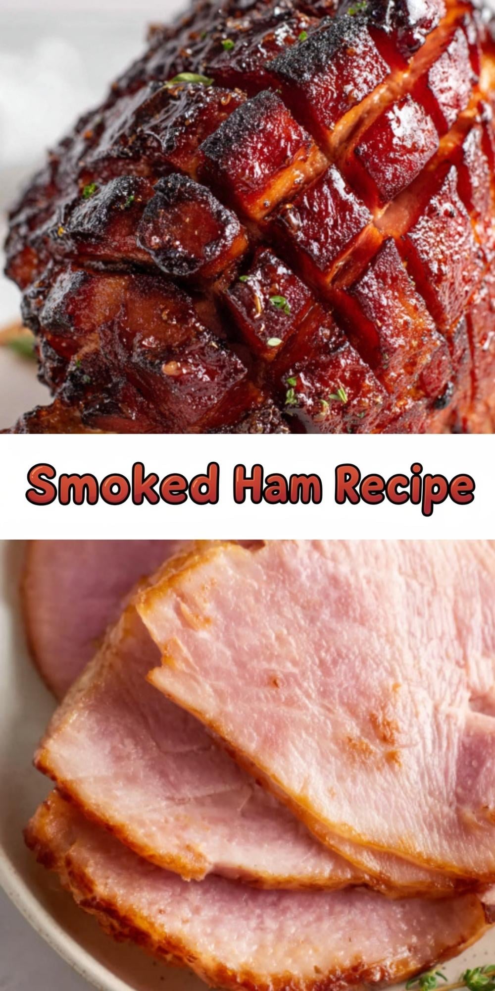 Close-up of a glazed, smoked ham with a caramelized crust and diamond scoring, plus juicy slices of ham on a plate, perfect for Easter, Christmas, or family dinners.