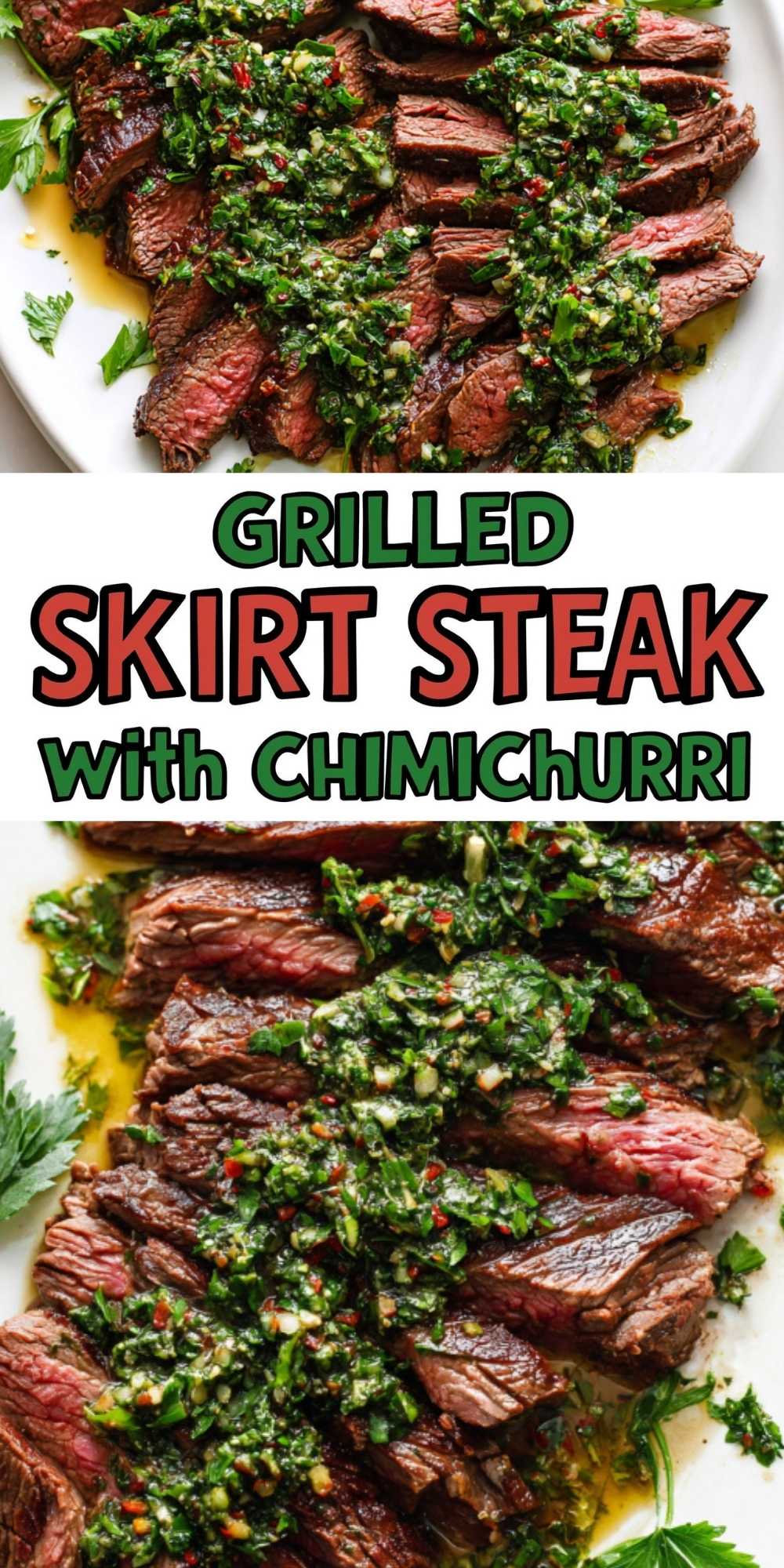 Slices of juicy grilled skirt steak topped with vibrant green chimichurri sauce, served on a white platter and garnished with fresh parsley. Perfect for summer grilling and steak lovers!