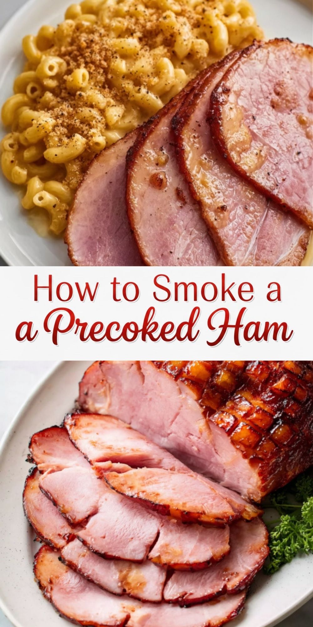 Smoked ham slices served with macaroni and cheese and a platter of juicy glazed ham