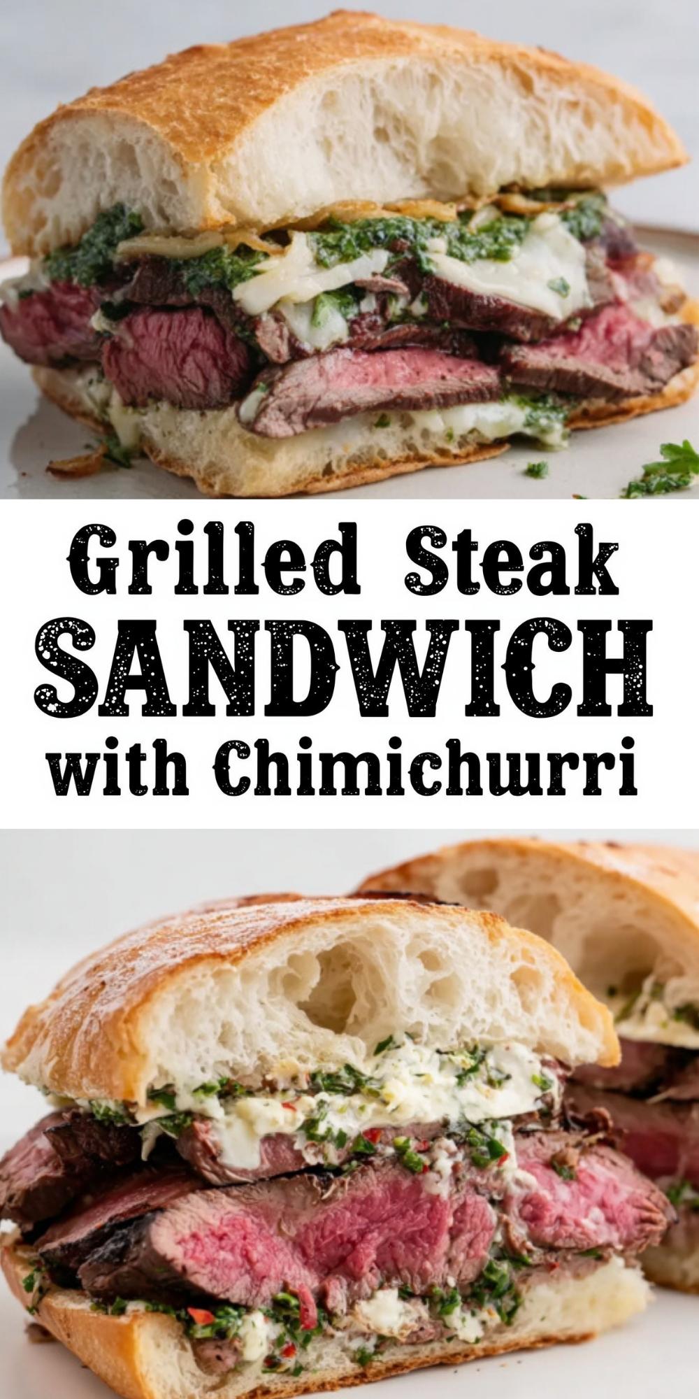Two grilled steak sandwiches on rustic bread, packed with juicy slices of steak, melted cheese, and vibrant green chimichurri sauce, shown close up for a hearty, craveable meal.