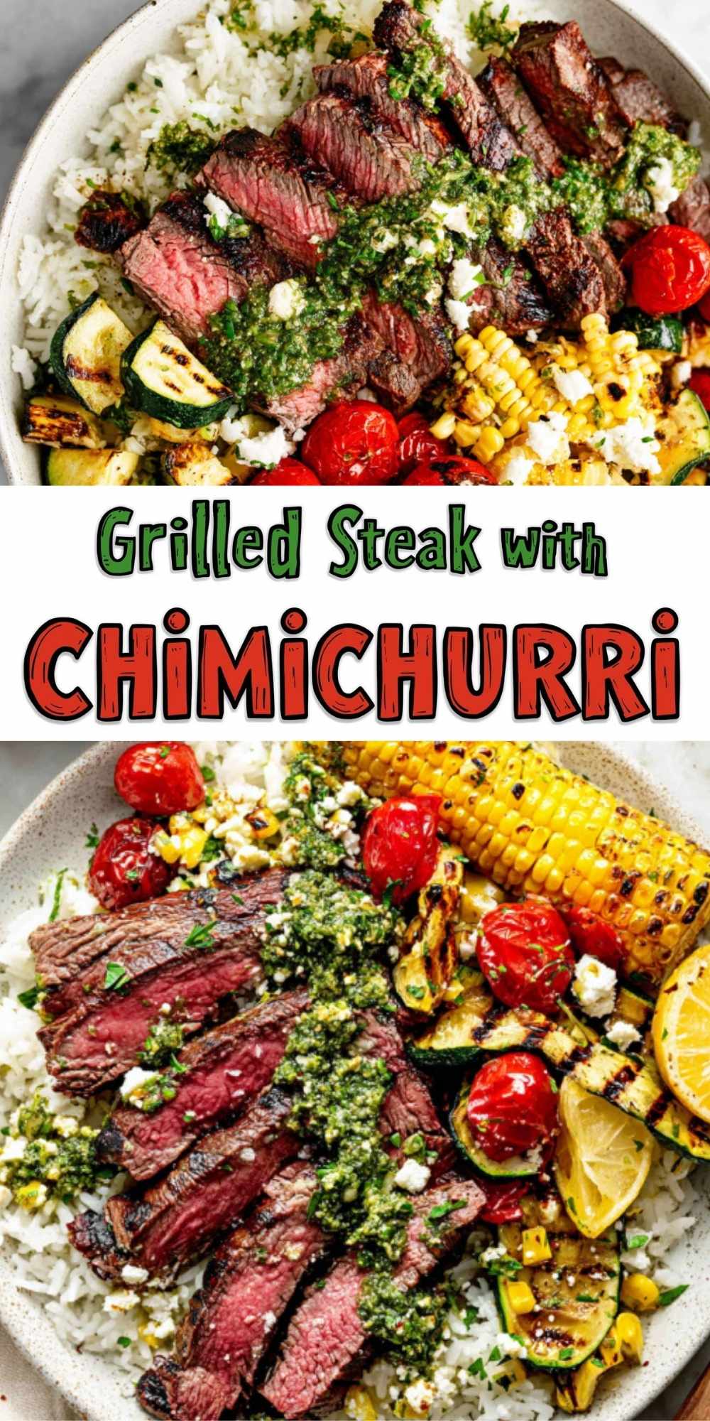 Sliced grilled steak topped with chimichurri sauce, served over fluffy rice with charred zucchini, roasted cherry tomatoes, grilled corn, and crumbled cheese. A fresh, colorful, and flavorful summer dinner bowl.