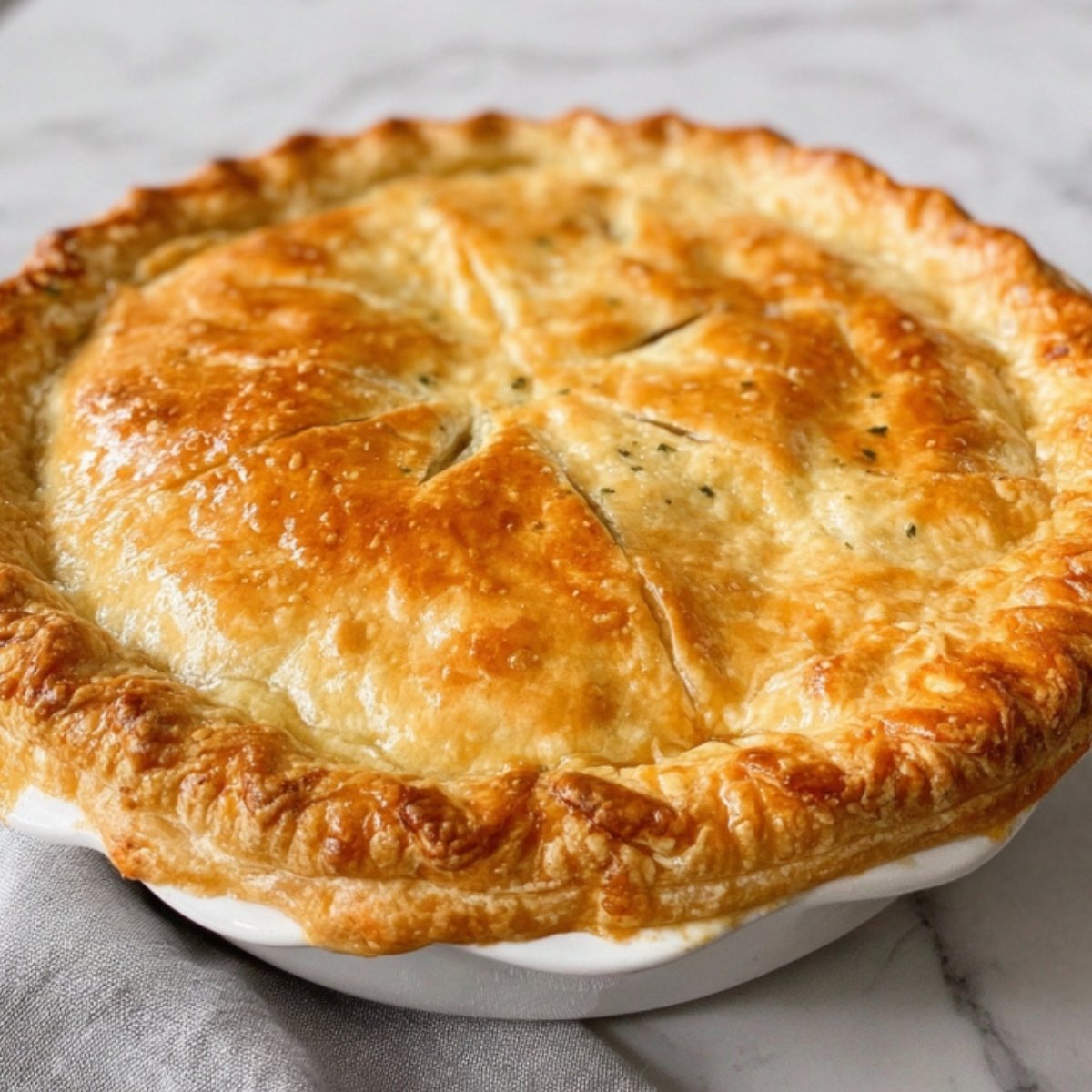 A freshly baked Easy Turkey Pot Pie in a white ceramic dish, featuring a perfectly flaked, golden-brown pastry top with decorative vent slits and a side of grey linen.