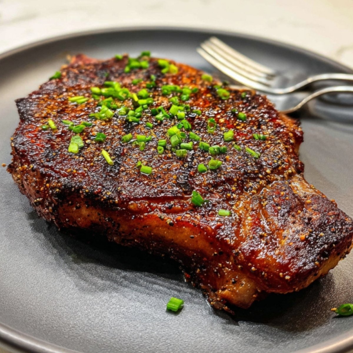 A high-angle, close-up shot of a single, thick Grilled Rib Eye Steak featuring a deeply caramelized, charred crust seasoned with coarse spices. The steak is resting on a matte black ceramic plate, topped with a generous sprinkle of bright green chopped chives, with a silver fork visible in the blurred background.