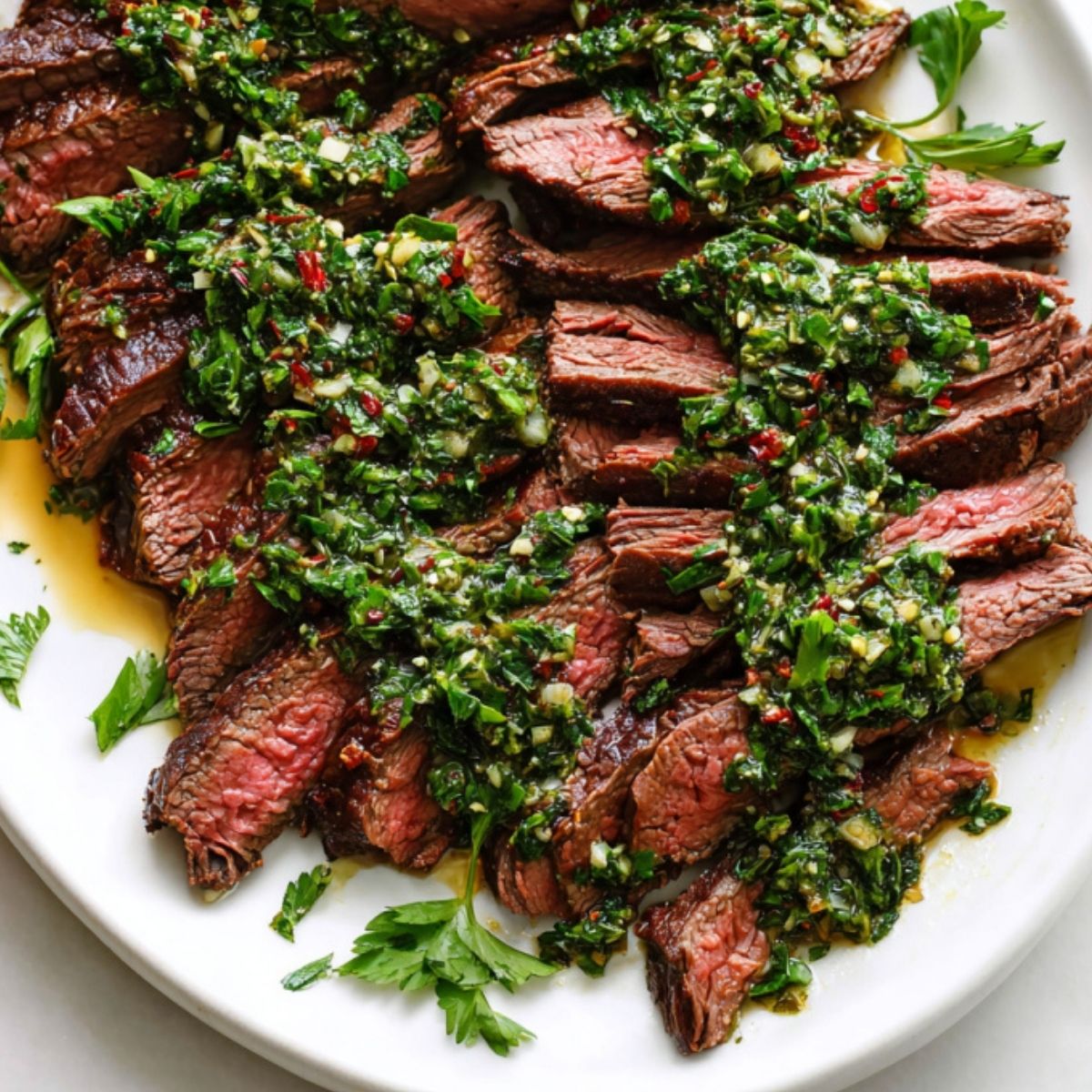 Juicy grilled skirt steak slices topped with vibrant green chimichurri sauce, served on a white platter and garnished with fresh parsley.