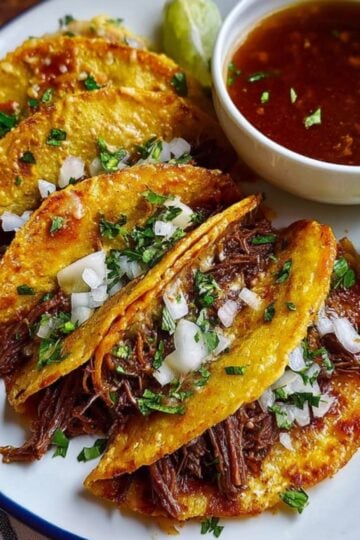 A vibrant close-up of cheesy, crispy birria tacos lined up on a plate with fresh lime slices and a small white bowl of rich dipping broth.