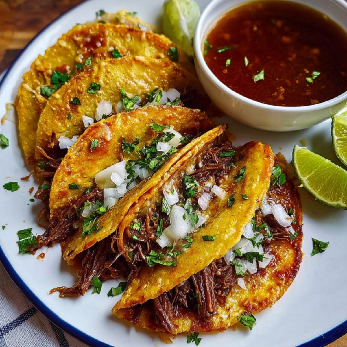 A vibrant close-up of cheesy, crispy birria tacos lined up on a plate with fresh lime slices and a small white bowl of rich dipping broth.