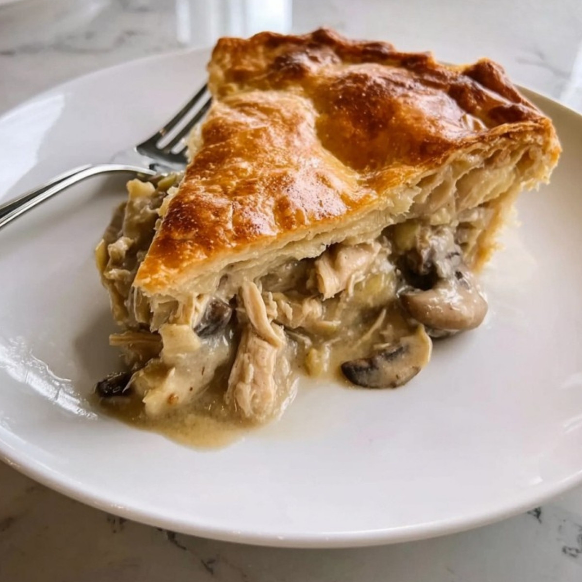 A generous slice of turkey pot pie on a white plate showing layers of flaky puff pastry and a thick filling of turkey and mushrooms.