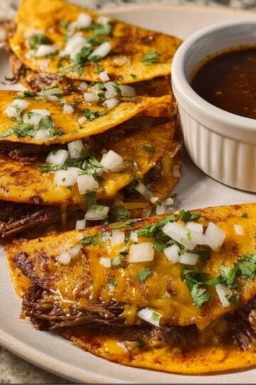 Four cheesy, beef-filled tacos plated with a side of dipping broth, showing the juicy shredded meat spilling out of the golden, fried shells.