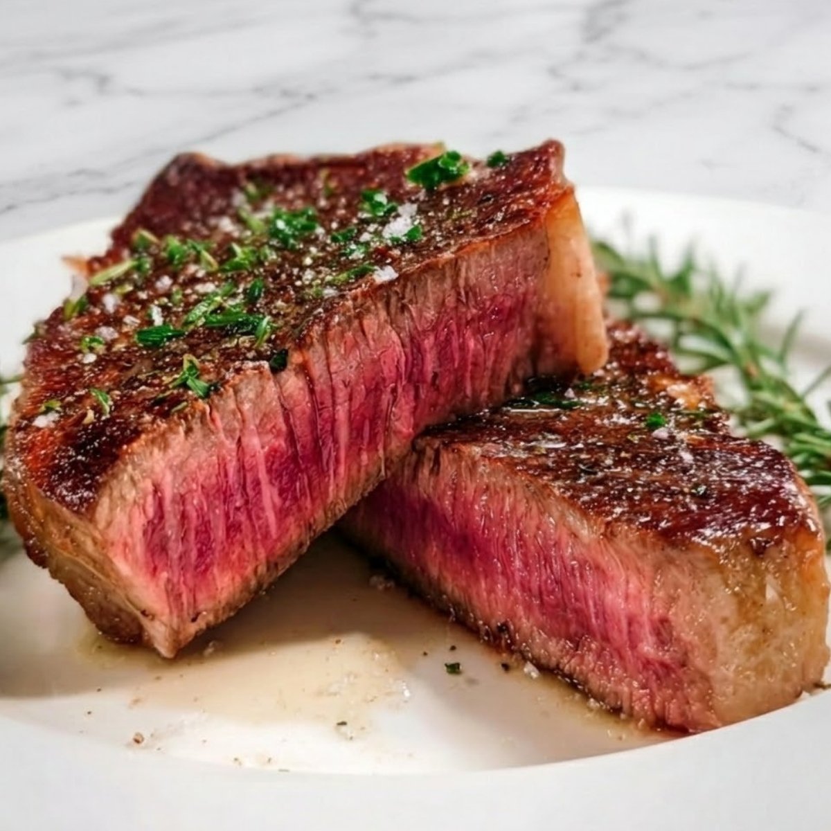 Two thick slices of seared rib eye steak stacked on a white plate, garnished with fresh rosemary and showing a rich, pink interior.