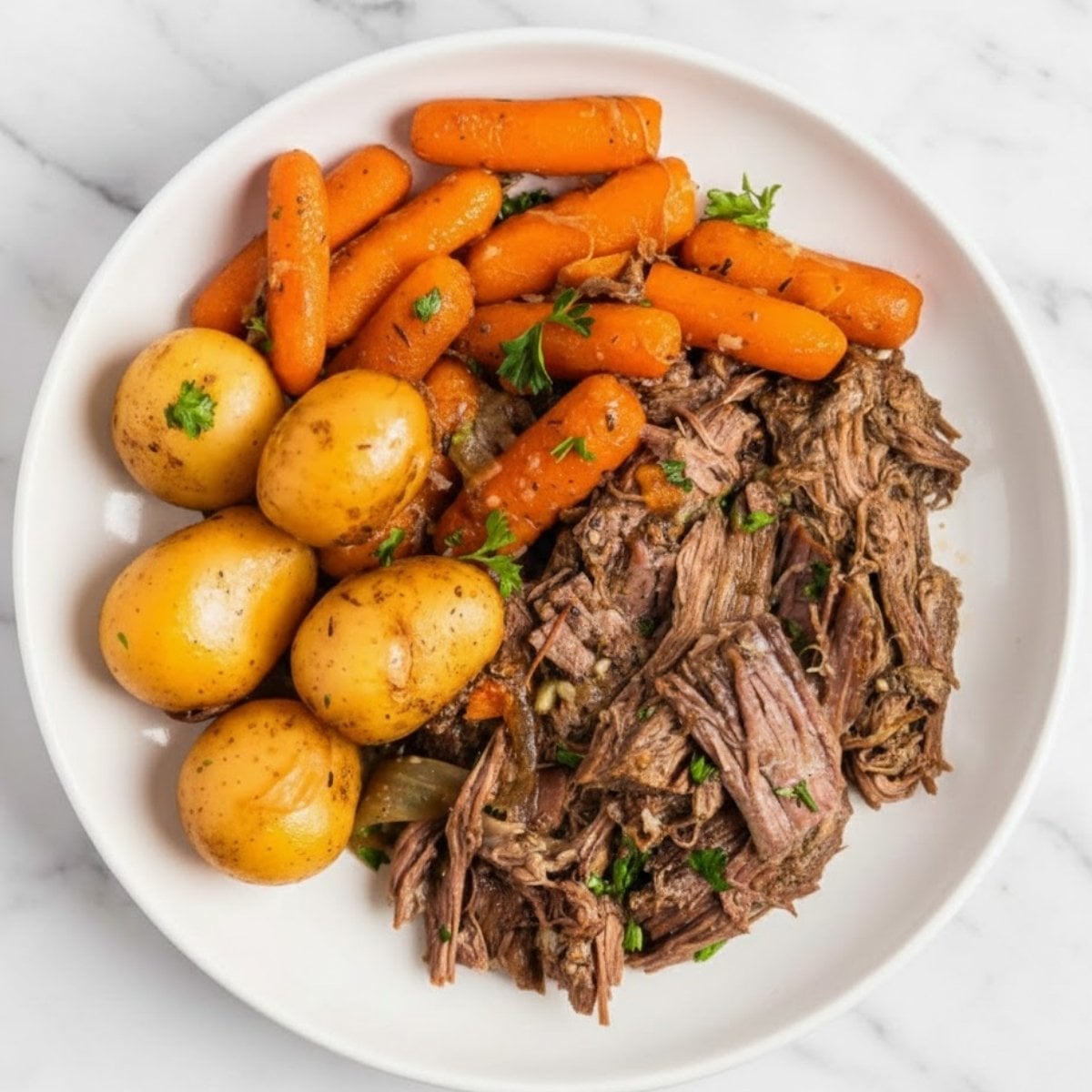 A wide grey bowl filled with a large portion of the completed Slow Cooker Chuck Roast, potatoes, and carrots in a shallow pool of gravy.