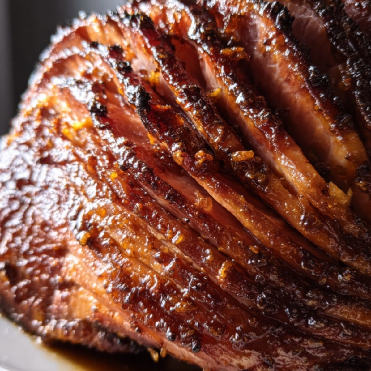 Close up of smoked spiral ham, tender slices coated in maple bourbon glaze.