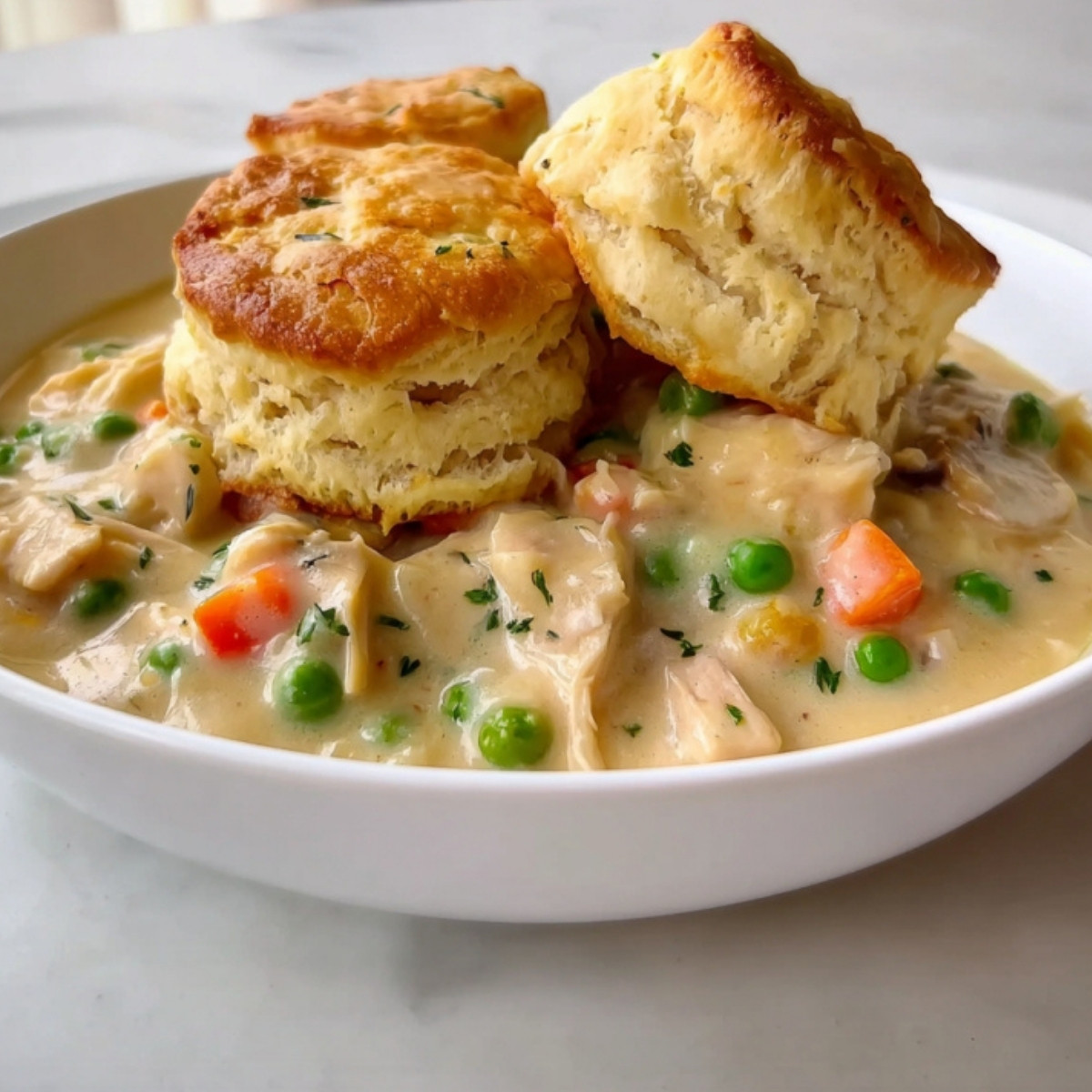 A vertical collage featuring two appetizing views of turkey pot pie topped with biscuits, separated by a text overlay reading "Turkey Pot Pie with Biscuits."