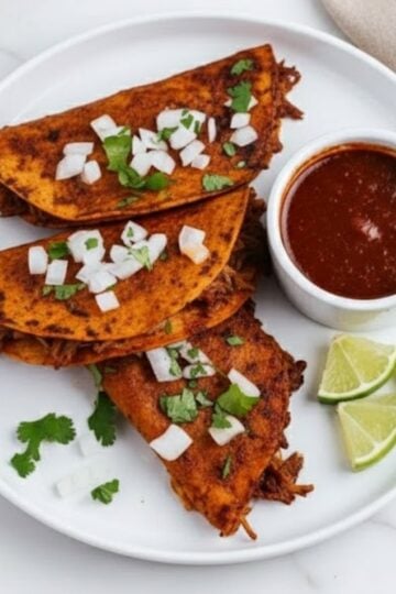 Three crispy, red-tinted tacos on a white plate topped with onions and cilantro, served with lime wedges and a side of consommé.