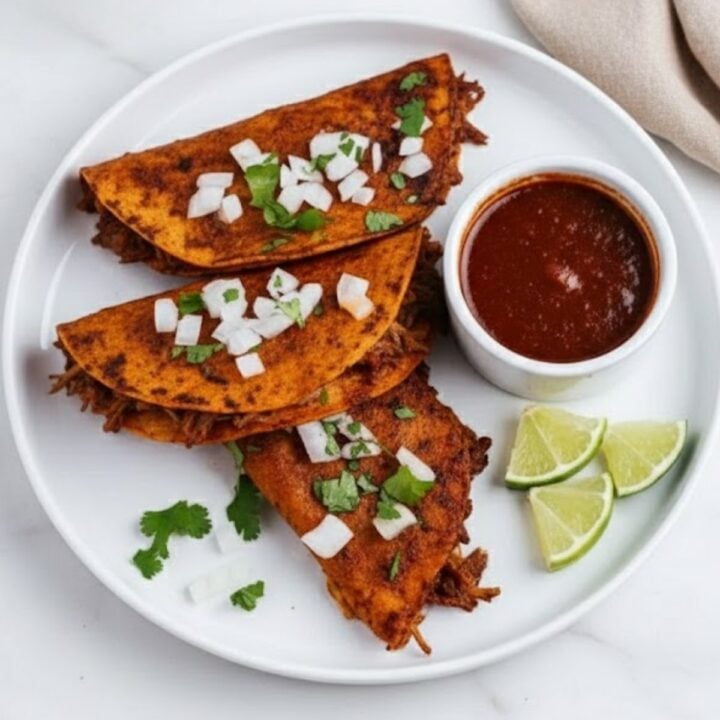 Three crispy, red-tinted tacos on a white plate topped with onions and cilantro, served with lime wedges and a side of consommé.