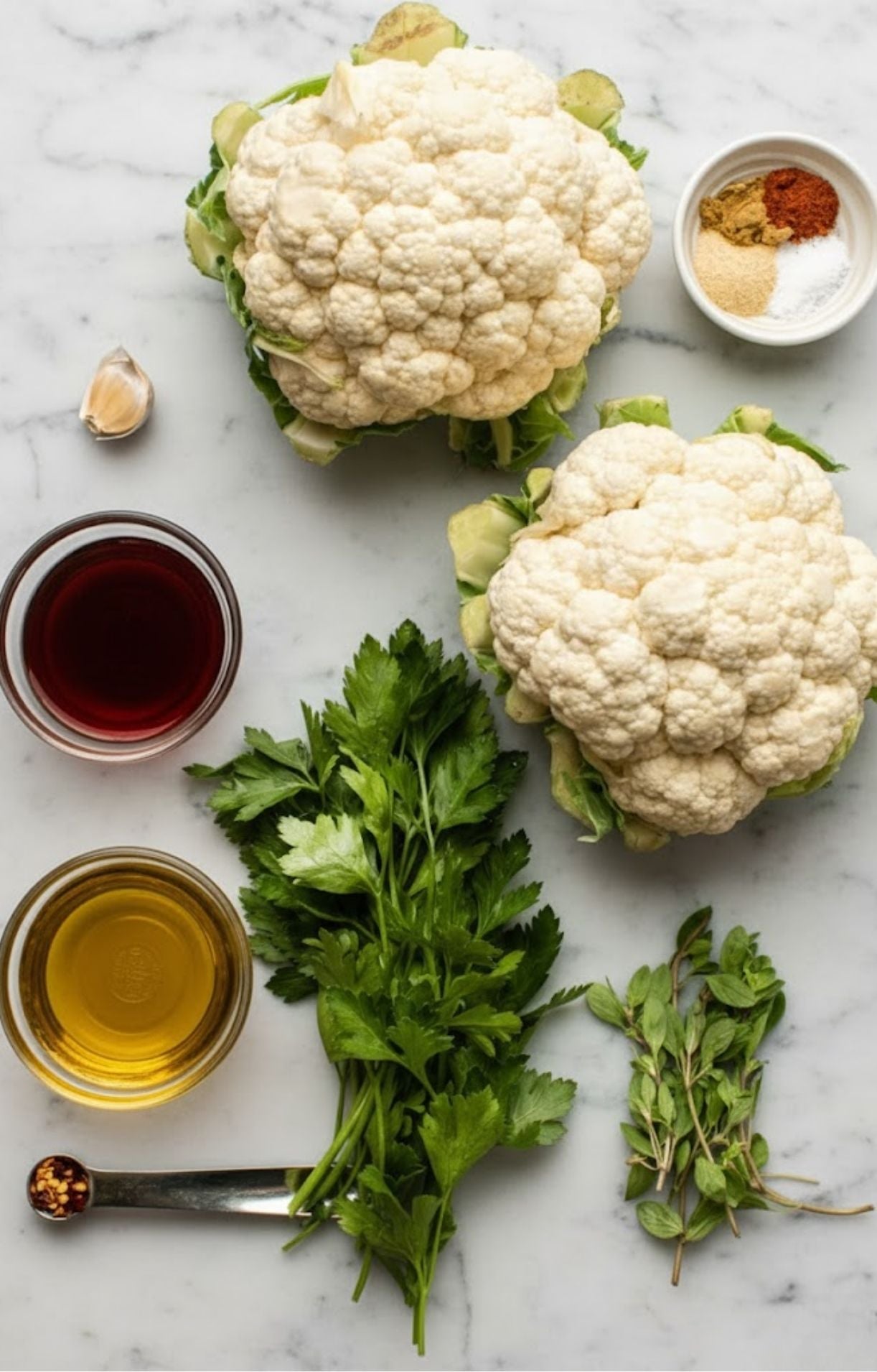 Overhead shot of cauliflower, parsley, olive oil, seasonings, red wine vinegar, and garlic arranged on a marble surface for cauliflower steaks.
