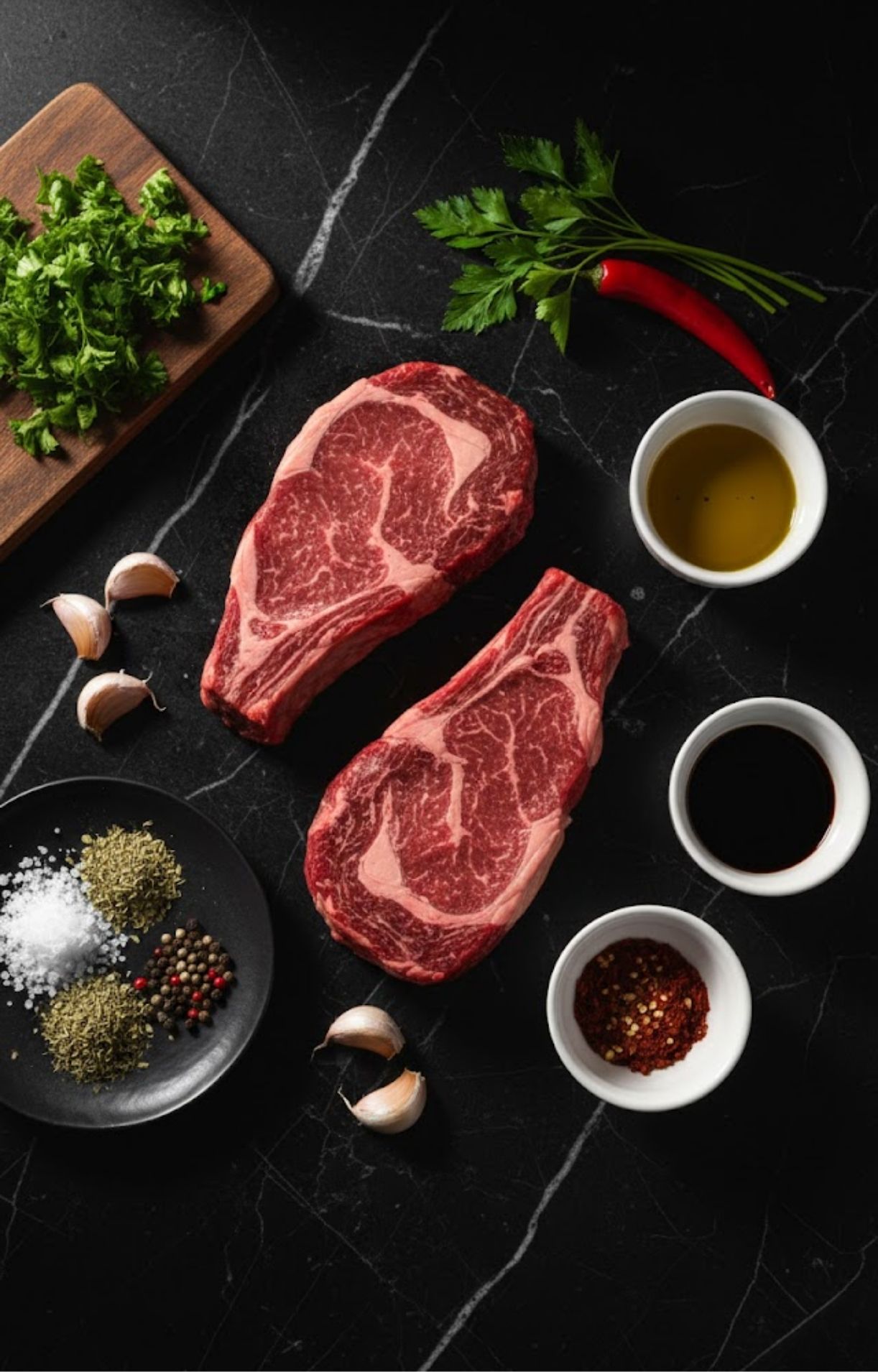 Raw ribeye steaks, fresh parsley, garlic, chili, olive oil, spices, and seasonings on a black countertop. Everything you need for a bold steak recipe.