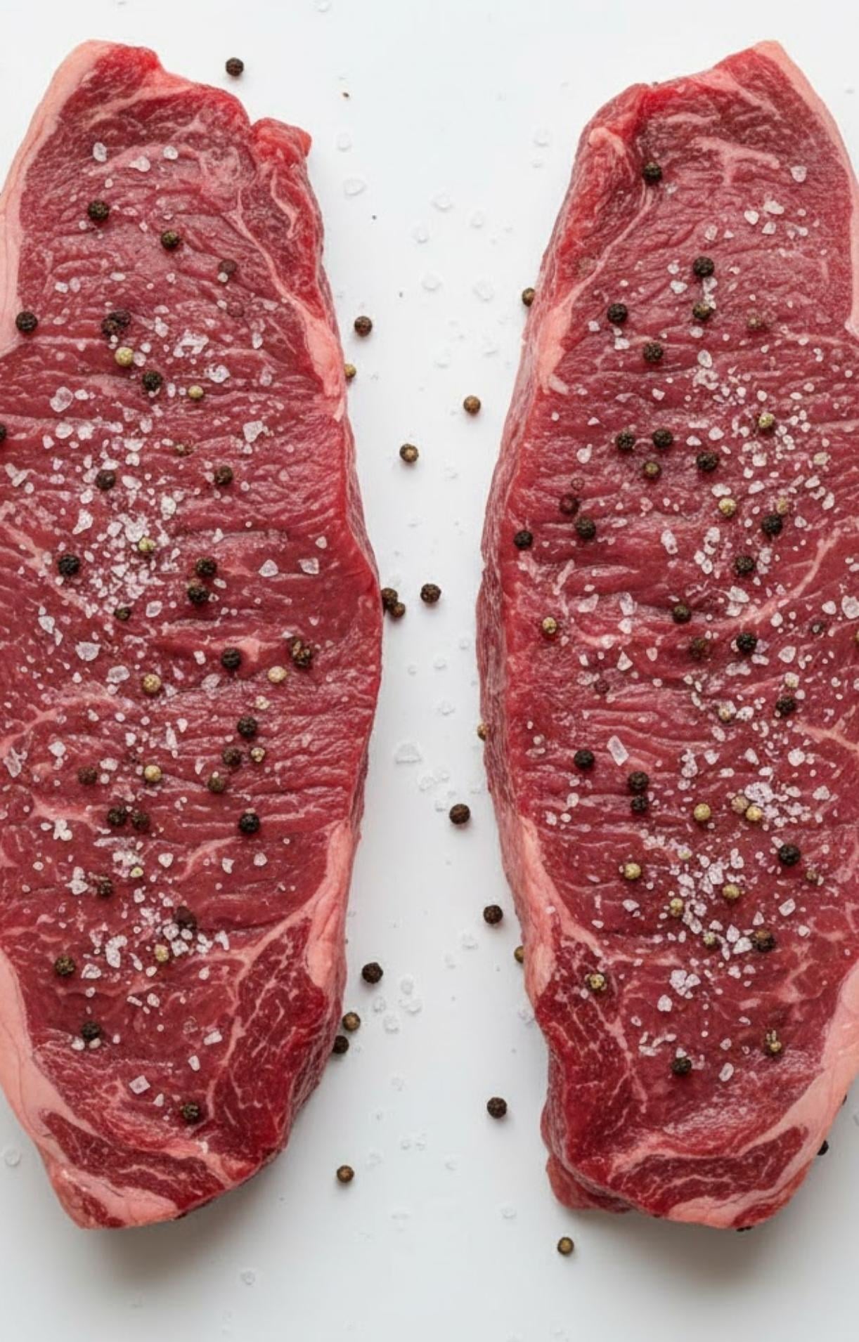Two raw flank steaks sprinkled with salt and pepper, ready to grill. Great for making juicy steak with avocado chimichurri.
