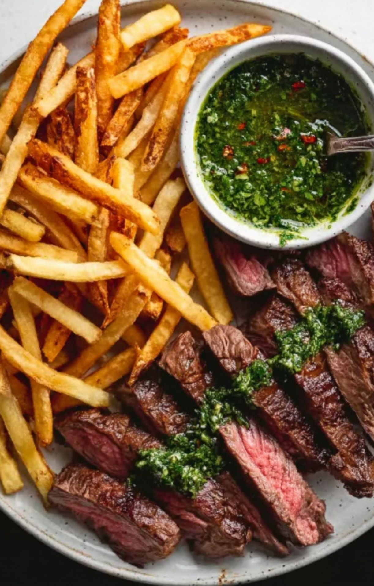 Plate of sliced steak and golden fries with a bowl of green chimichurri for dipping.