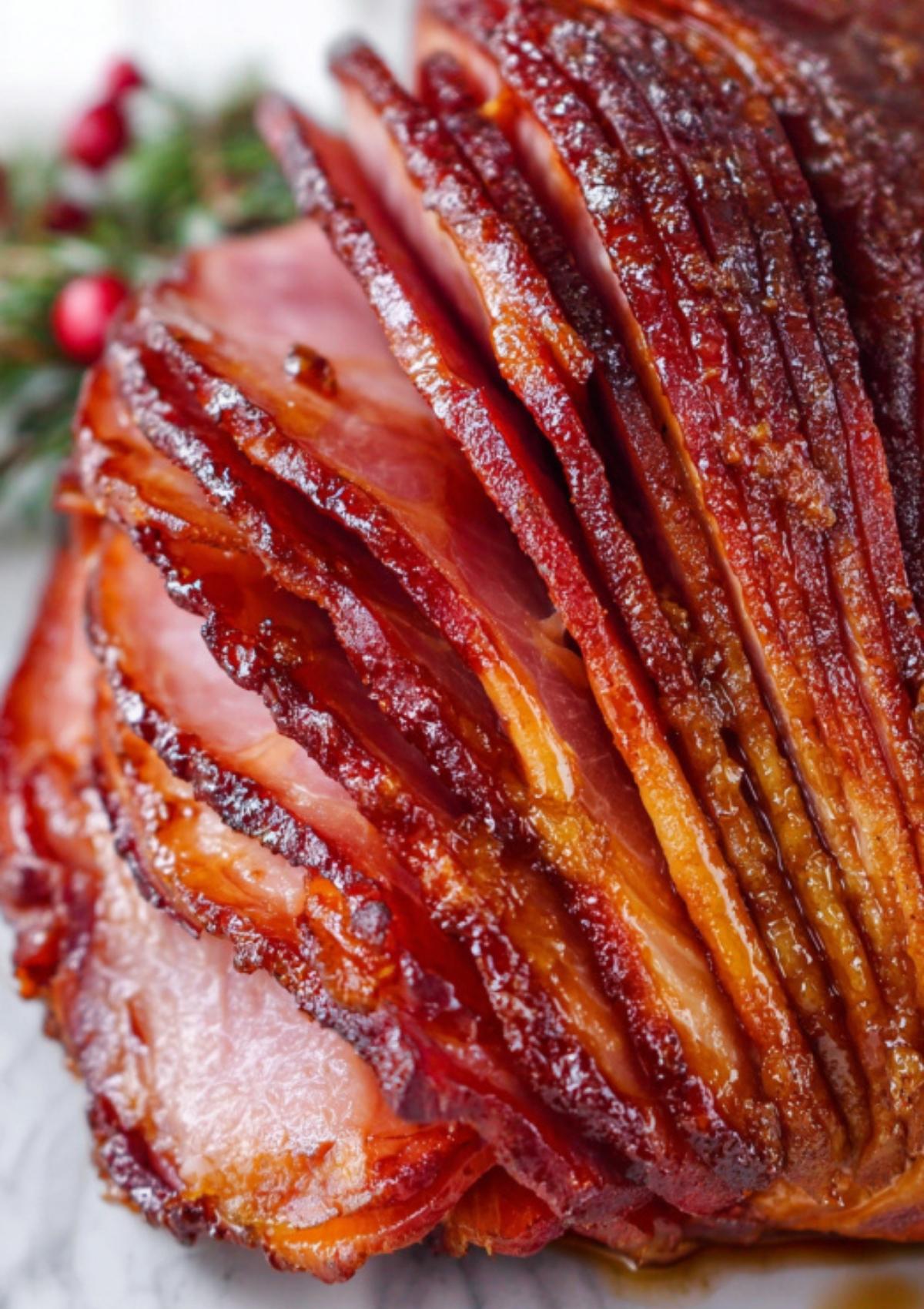 Close-up of spiral sliced ham with caramelized maple brown sugar glaze, easy holiday recipe
